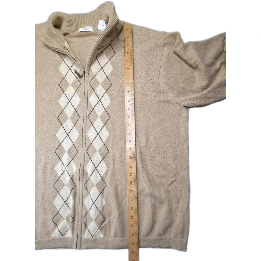 IZOD Men's Full-Zip Argyle Sweater – Size XL – Tan/Beige – 100% Cotton